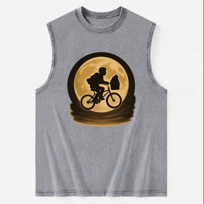 boy with bicycle flying across full moon with silhouette - Vintage Washed Tank - Grey