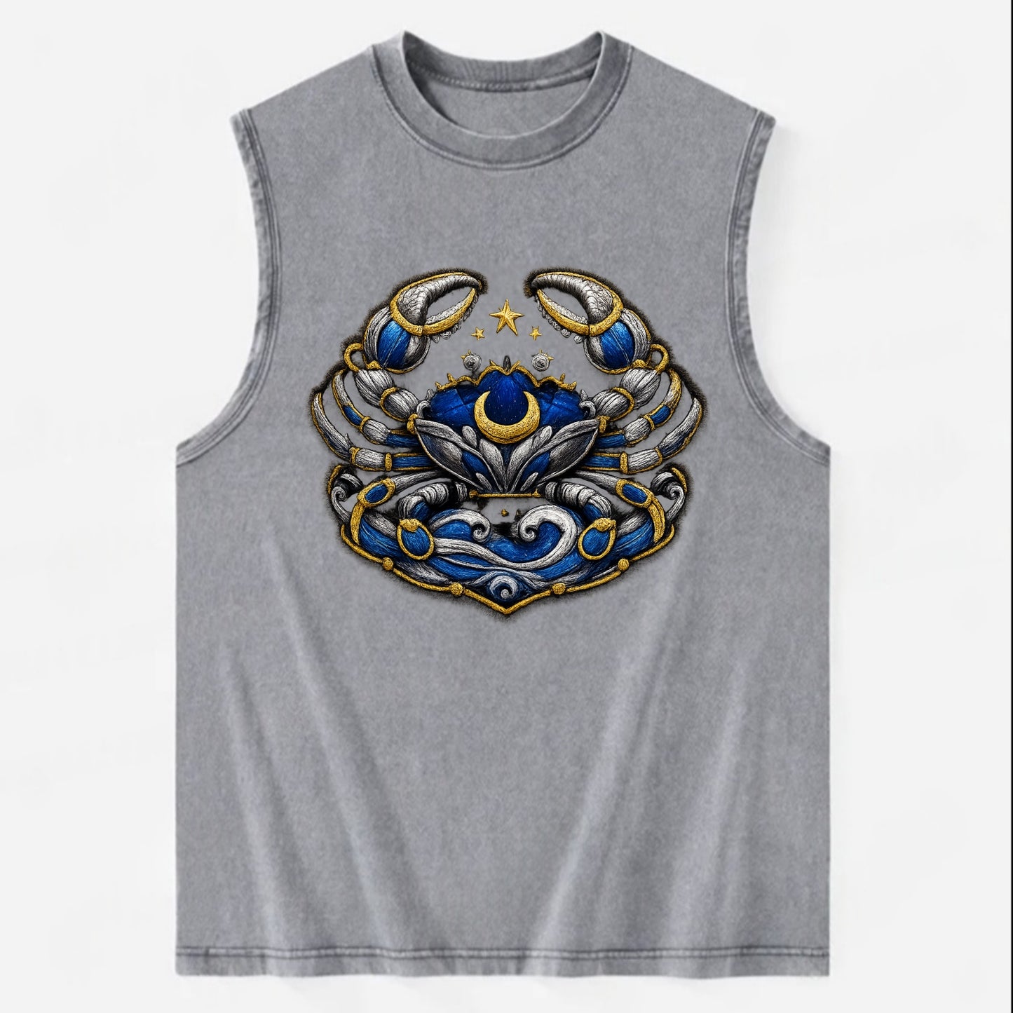 CANCER CRAB - protective crab in silver and blue , water sign - Vintage Washed Tank - Grey
