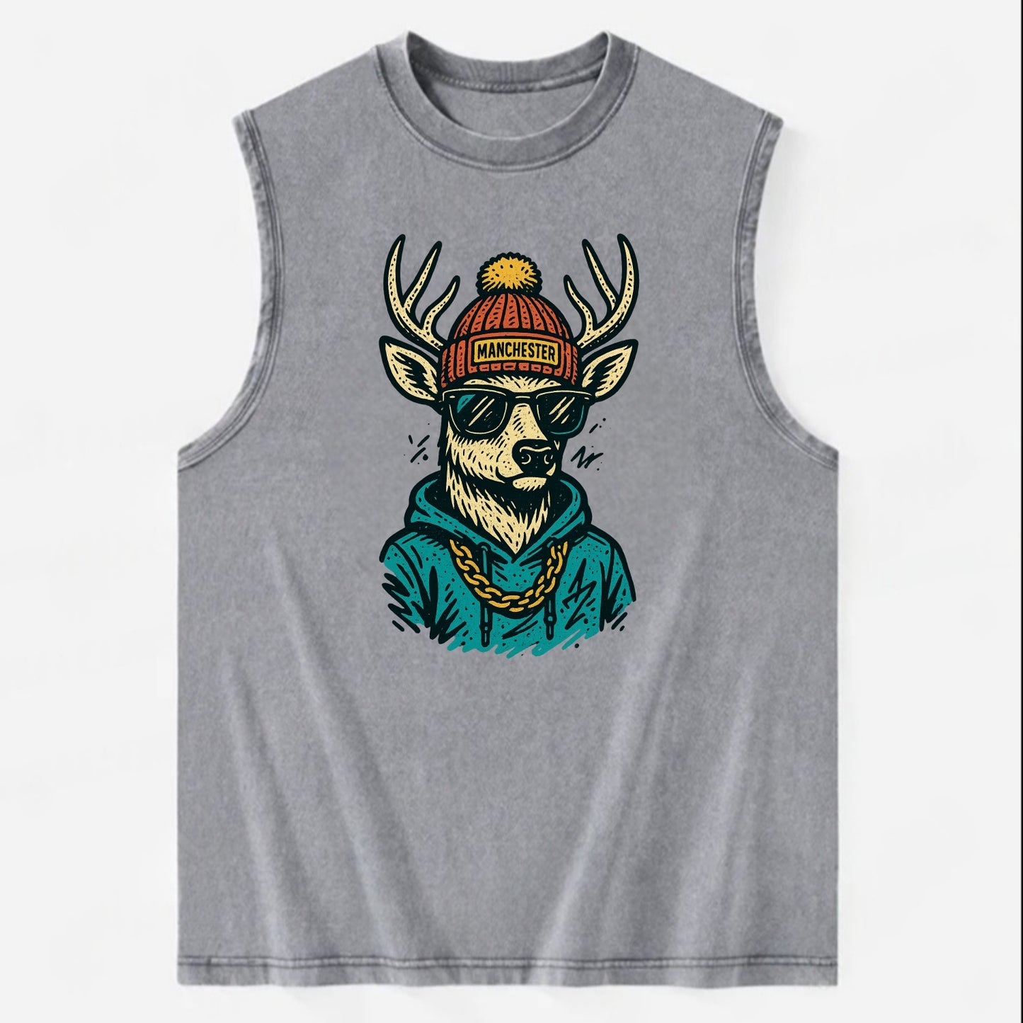 New Hampshire White-tailed Deer wearing Manchester beanie with pom pom and - Vintage Washed Tank - Grey