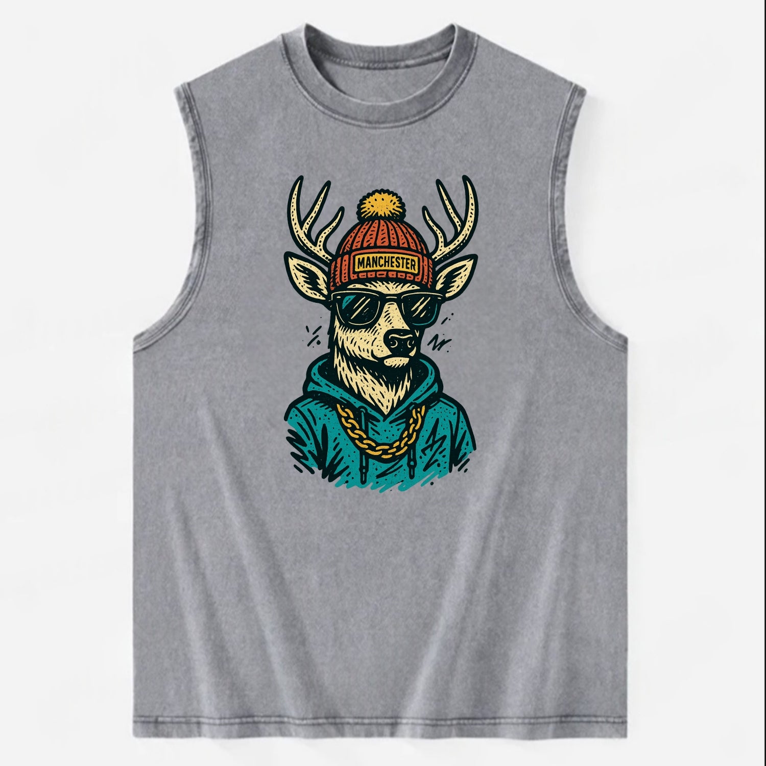 New Hampshire White-tailed Deer wearing Manchester beanie with pom pom and - Vintage Washed Tank - Grey