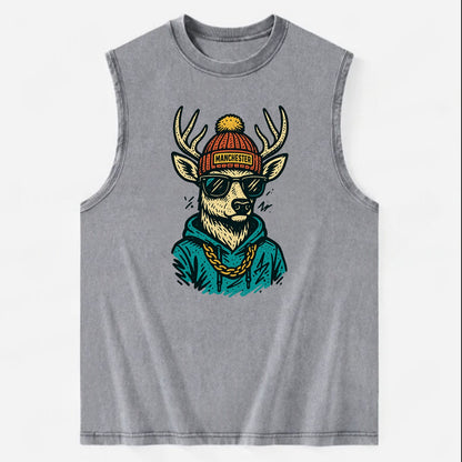 New Hampshire White-tailed Deer wearing Manchester beanie with pom pom and - Vintage Washed Tank - Grey