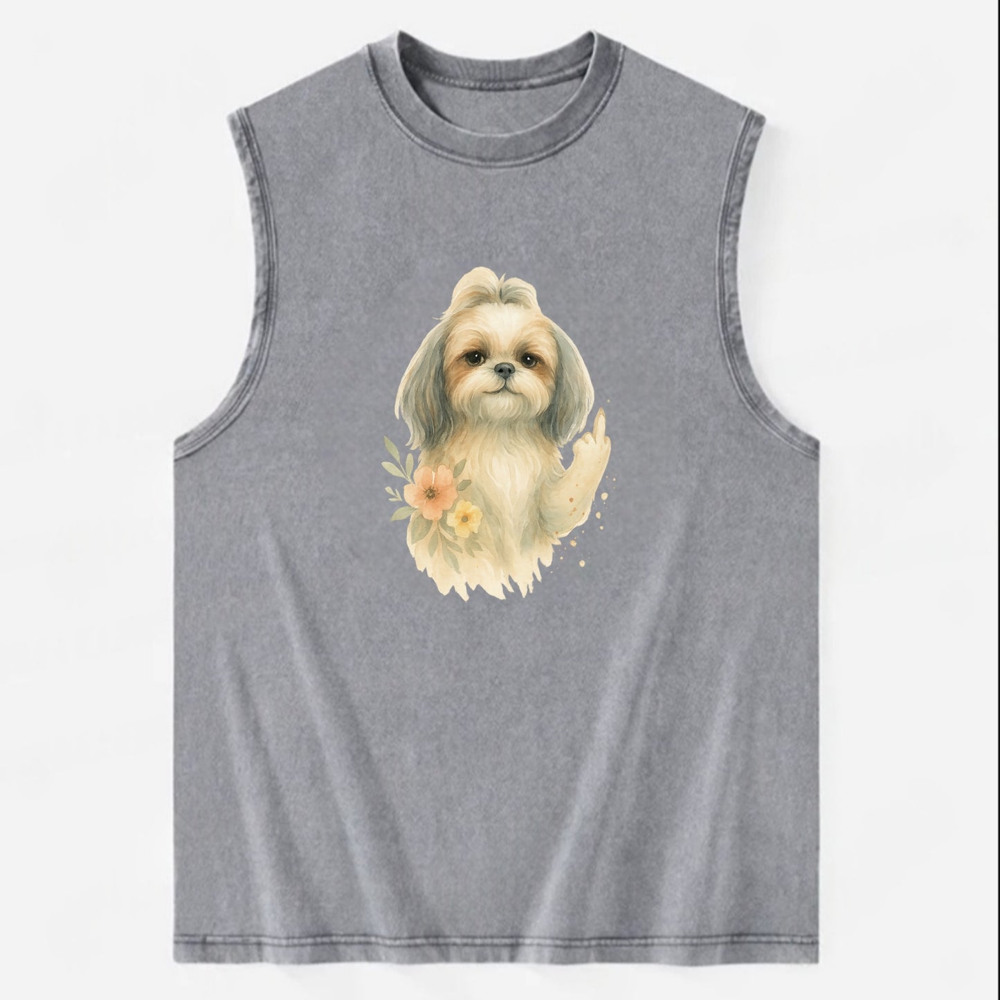 Shih Tzu with long flowing silky hair, tiny paw showing attitude - Vintage Washed Tank - Grey