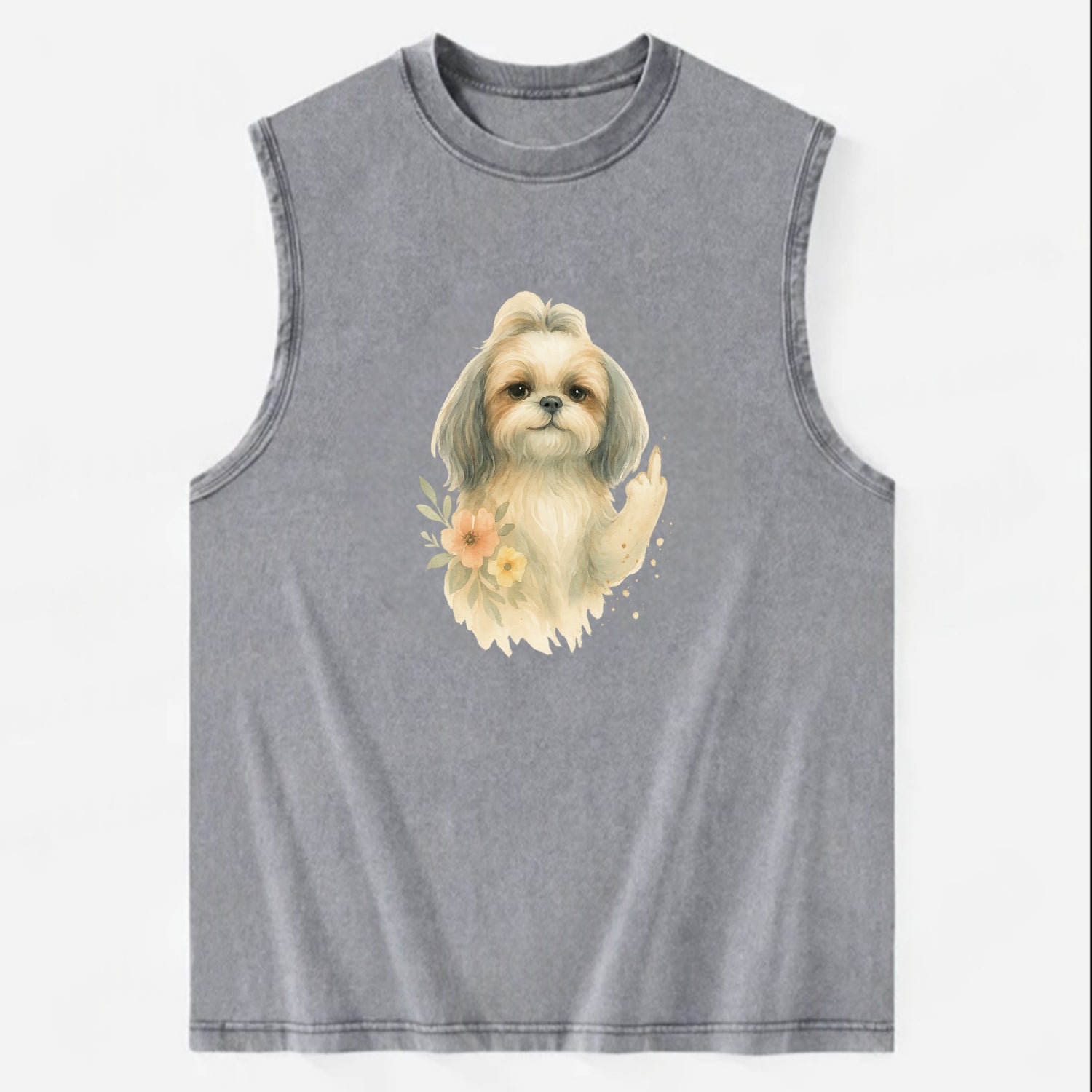 Shih Tzu with long flowing silky hair, tiny paw showing attitude - Vintage Washed Tank - Grey