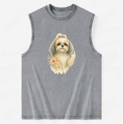 Shih Tzu with long flowing silky hair, tiny paw showing attitude - Vintage Washed Tank - Grey
