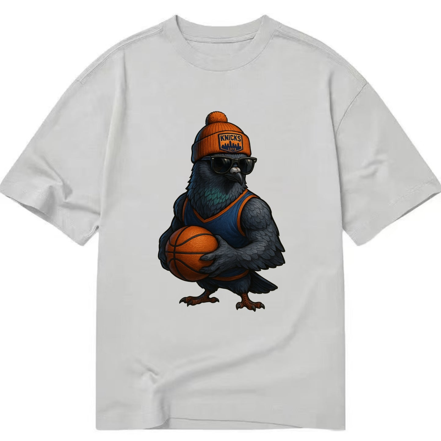 Manhattan Pigeon wearing Knicks beanie with skyline patch and wayfarer sunglasses - Classic T-shirt - Grey