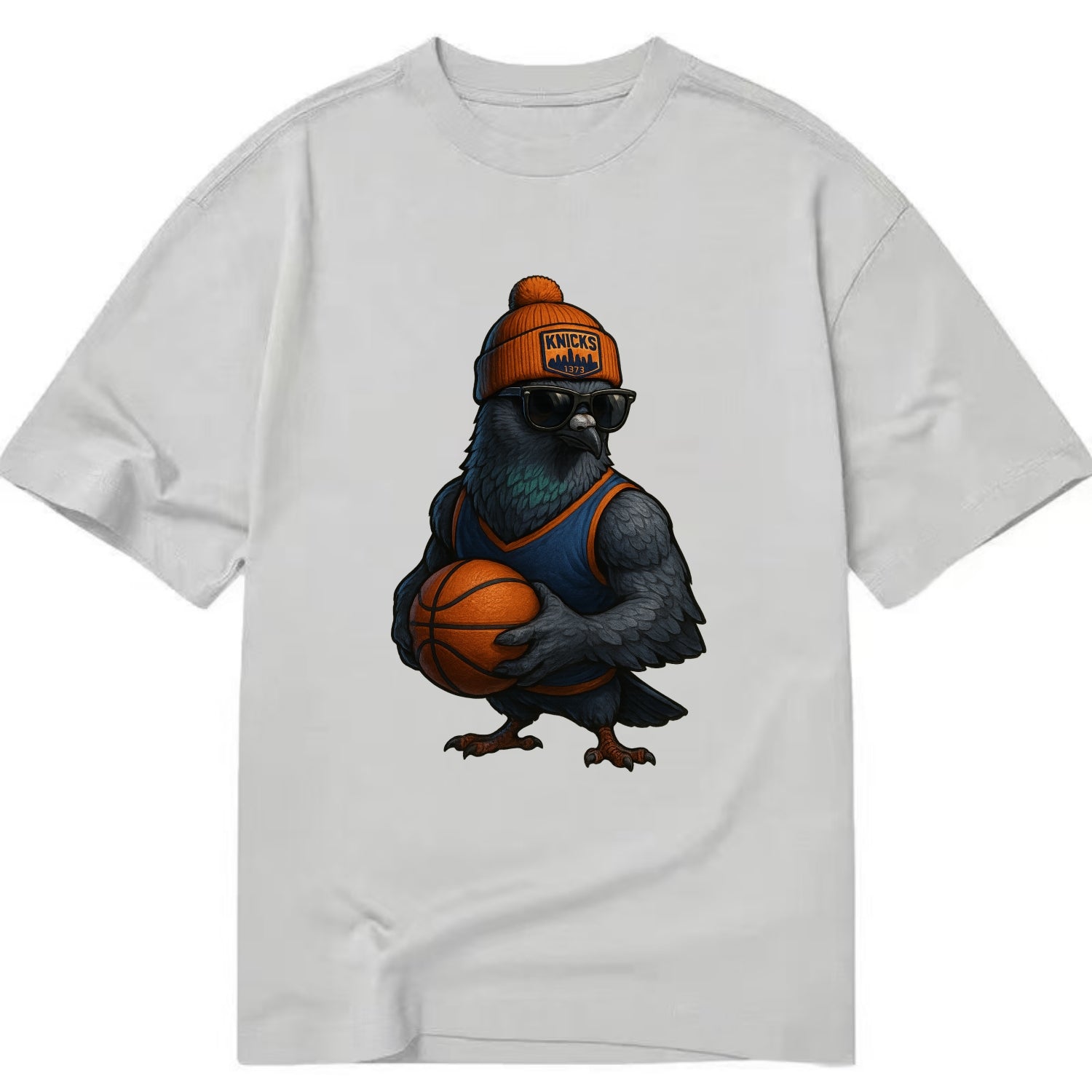 Manhattan Pigeon wearing Knicks beanie with skyline patch and wayfarer sunglasses - Classic T-shirt - Grey