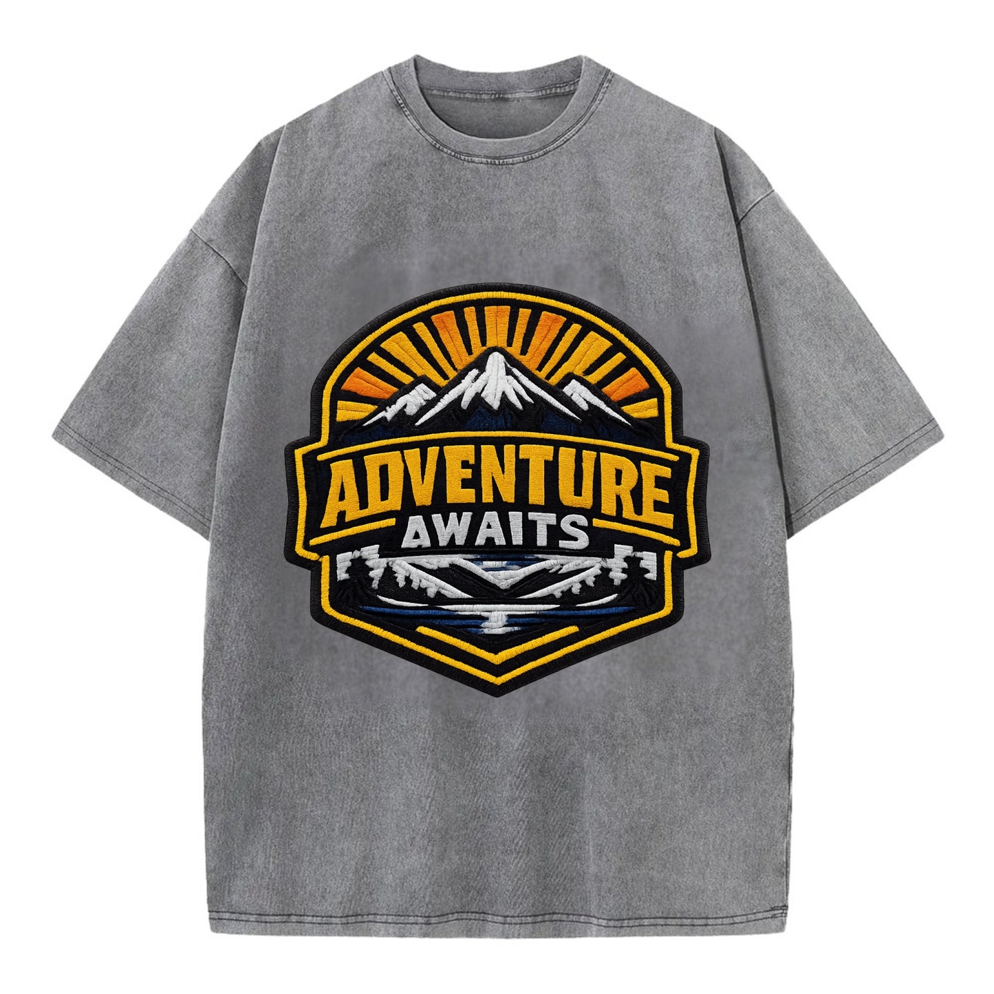 ADVENTURE AWAITS - mountain sunrise with text in gold and blue , wanderlust - Vintage T-shirt - Grey