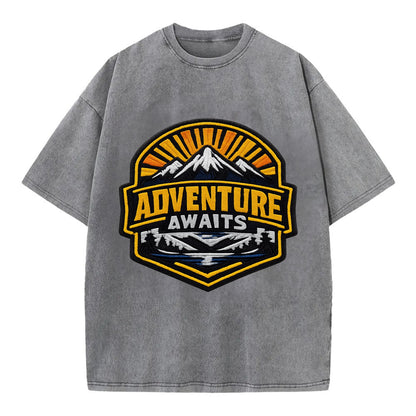 ADVENTURE AWAITS - mountain sunrise with text in gold and blue , wanderlust - Vintage T-shirt - Grey