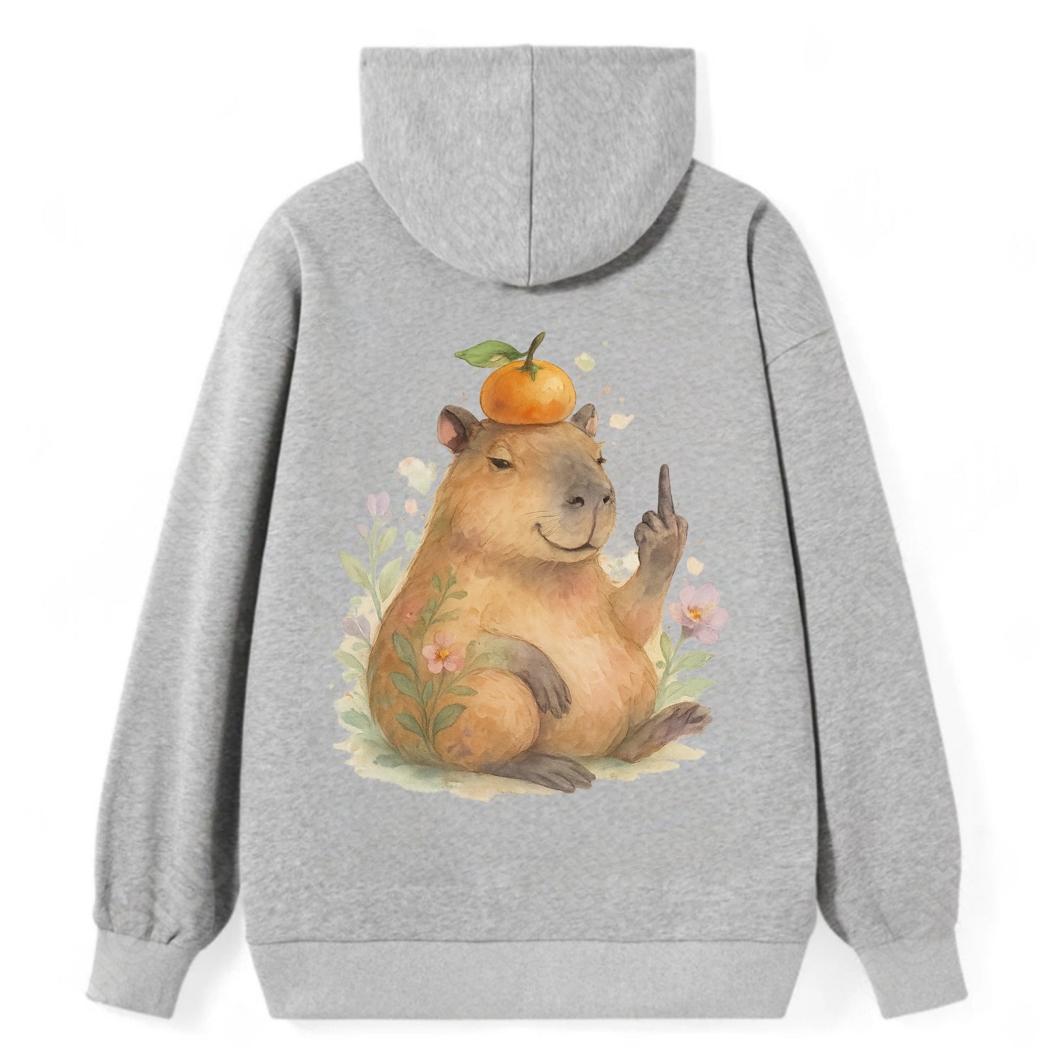 chonky capybara relaxing with orange on head, one webbed middle finger up - Classic Pullover Hoodie - Grey