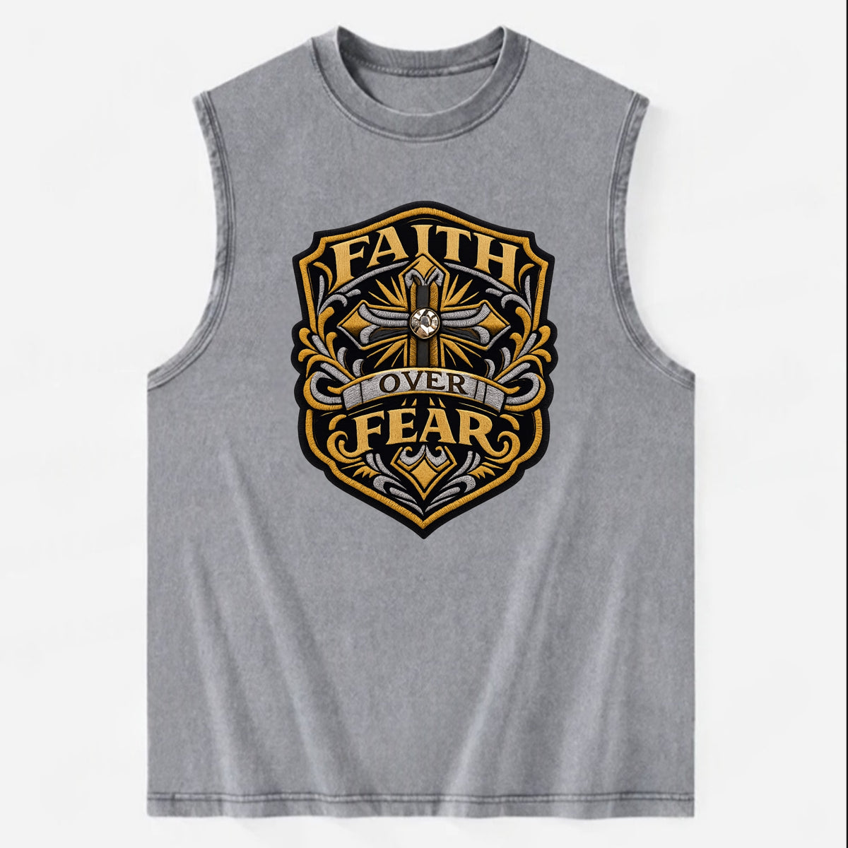 FAITH OVER FEAR - cross with text in gold , spiritual strength - Vintage Washed Tank - Grey