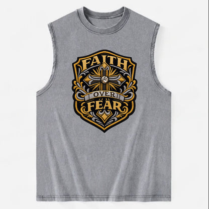 FAITH OVER FEAR - cross with text in gold , spiritual strength - Vintage Washed Tank - Grey