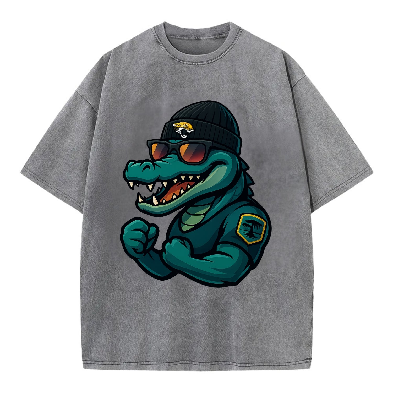 Jacksonville Alligator wearing Jaguars beanie with swamp patch and wayfarer - Vintage T-shirt - Grey