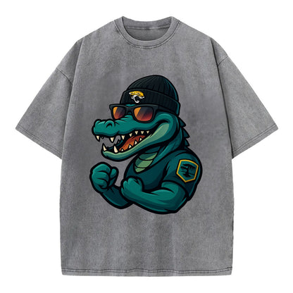Jacksonville Alligator wearing Jaguars beanie with swamp patch and wayfarer - Vintage T-shirt - Grey