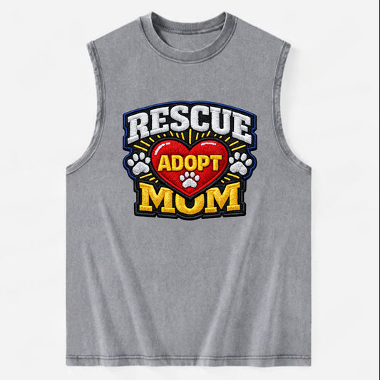 RESCUE MOM - heart with ADOPT text in red , shelter advocate - Vintage Washed Tank - Grey