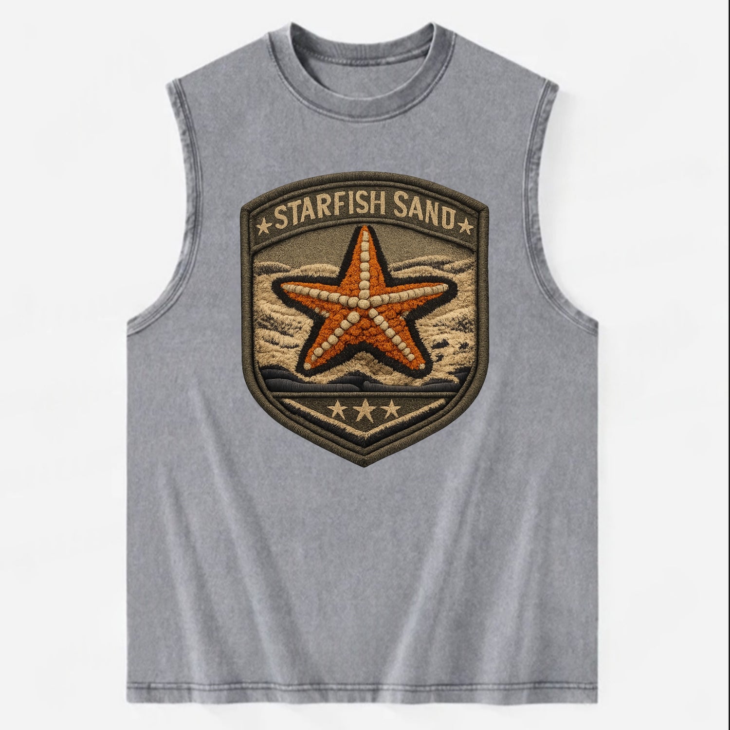 STARFISH SAND - sea star in orange and tan , beachcomber - Vintage Washed Tank - Grey