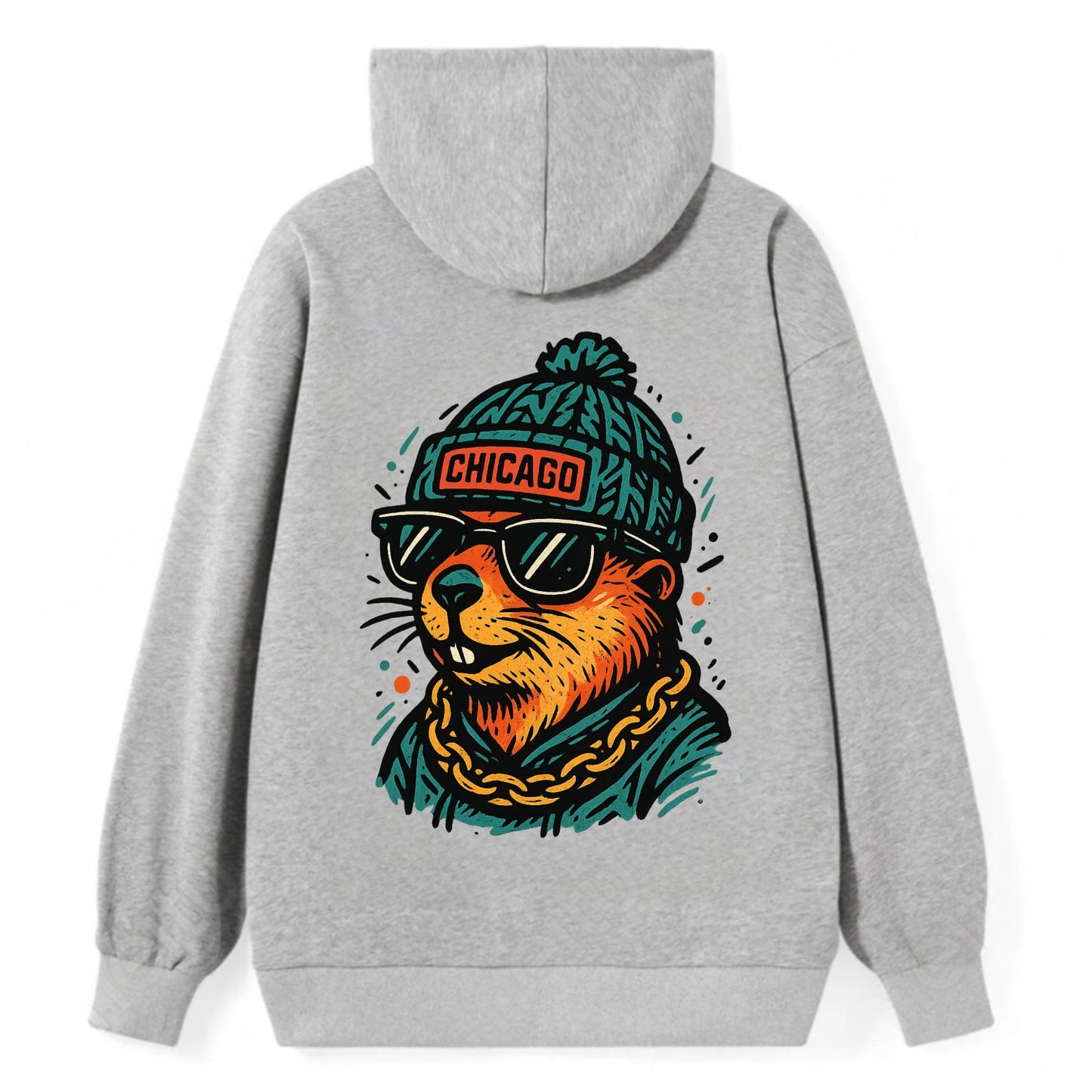 Illinois Prairie Dog wearing Chicago beanie with pom pom and wayfarer - Classic Pullover Hoodie - Grey