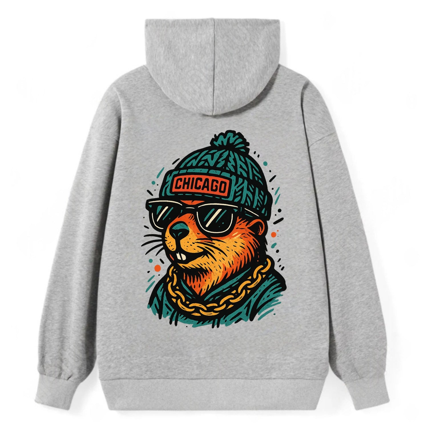 Illinois Prairie Dog wearing Chicago beanie with pom pom and wayfarer - Classic Pullover Hoodie - Grey