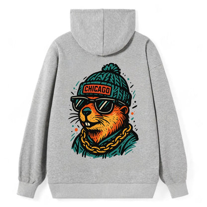 Illinois Prairie Dog wearing Chicago beanie with pom pom and wayfarer - Classic Pullover Hoodie - Grey