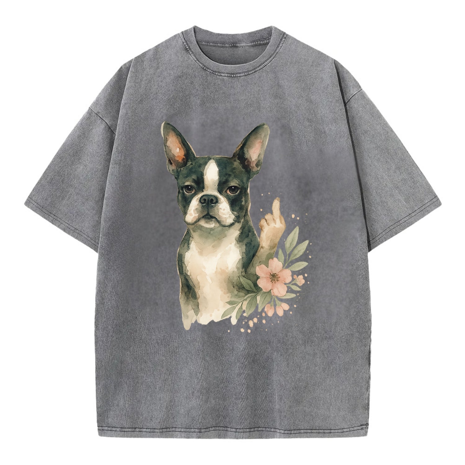 Boston Terrier with tuxedo markings, perky ears, paw up giving sass - Vintage T-shirt - Grey