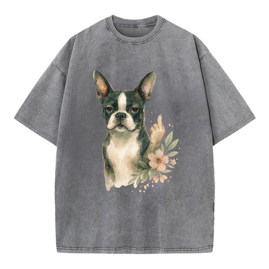 Boston Terrier with tuxedo markings, perky ears, paw up giving sass - Vintage T-shirt - Grey