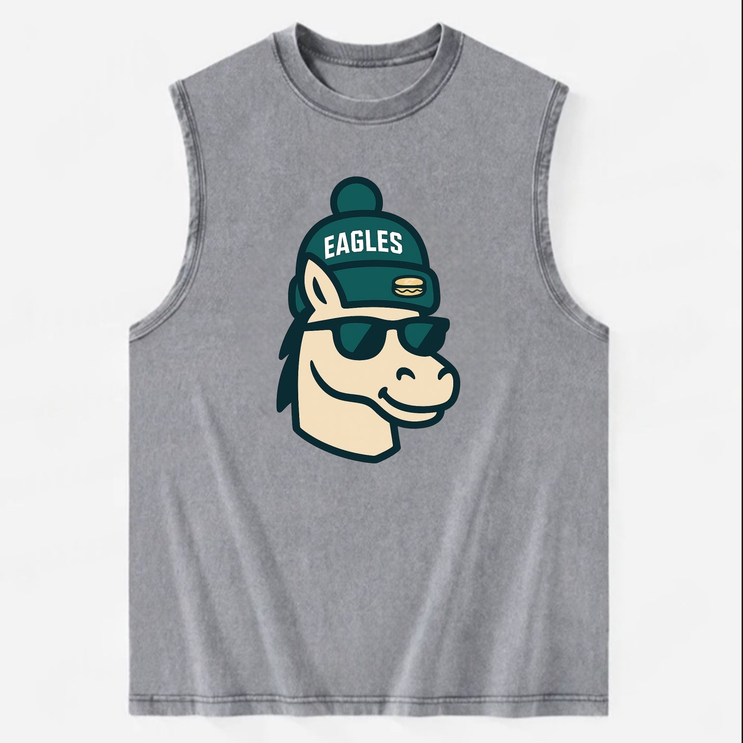 Philadelphia Horse wearing Eagles beanie with cheesesteak patch and wayfarer - Vintage Washed Tank - Grey