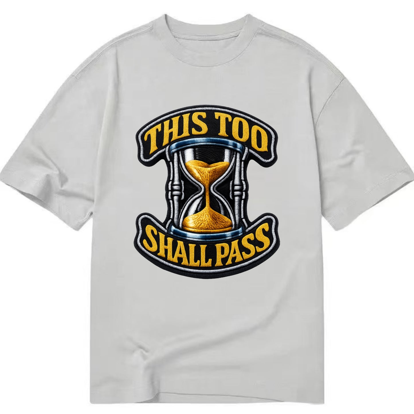 THIS TOO SHALL PASS - hourglass with text in gold , perspective - Classic T-shirt - Grey
