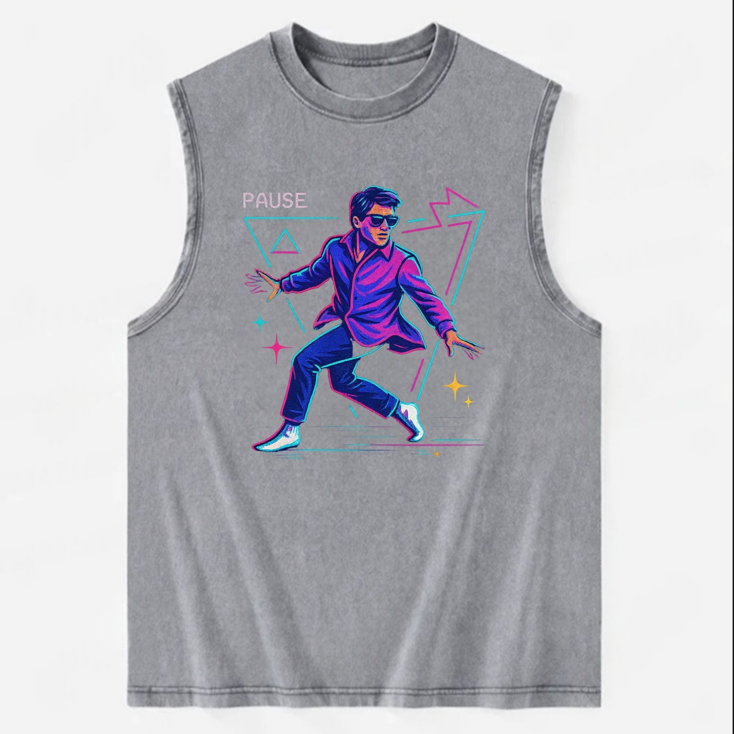 confident figure sliding across polished wooden floor in socks and sunglasses - Vintage Washed Tank - Grey