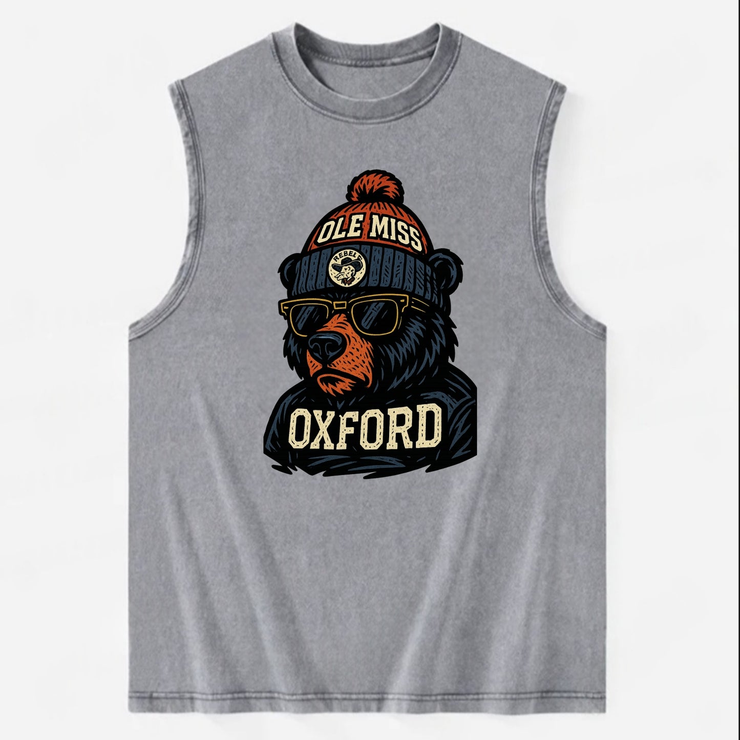 Oxford Black Bear wearing Ole Miss beanie with rebel patch - Vintage Washed Tank - Grey