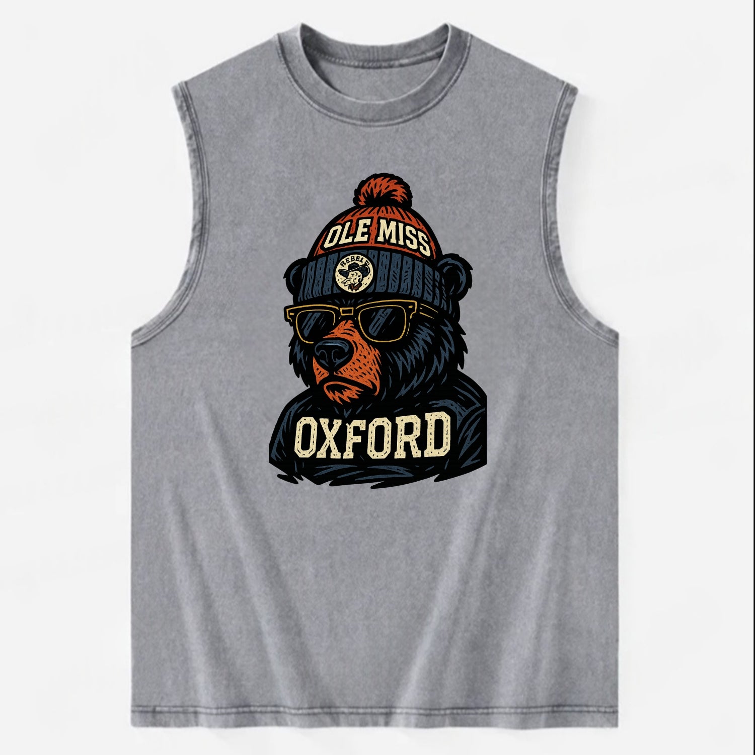 Oxford Black Bear wearing Ole Miss beanie with rebel patch - Vintage Washed Tank - Grey
