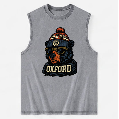 Oxford Black Bear wearing Ole Miss beanie with rebel patch - Vintage Washed Tank - Grey