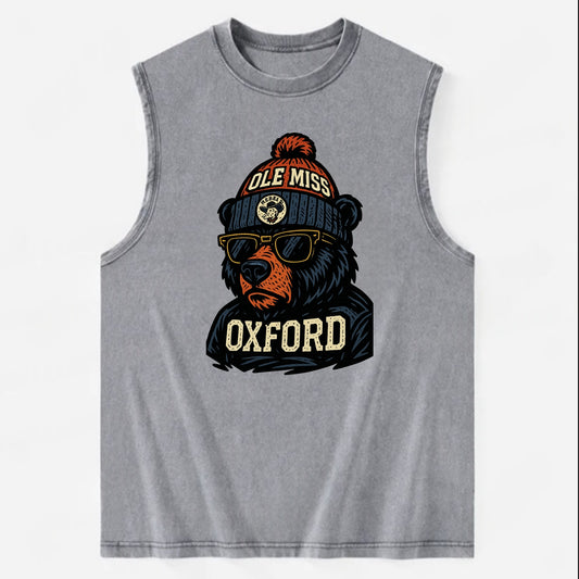 Oxford Black Bear wearing Ole Miss beanie with rebel patch - Vintage Washed Tank - Grey