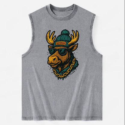 Alaska Moose wearing Anchorage beanie with pom pom and wayfarer sunglasses - Vintage Washed Tank - Grey