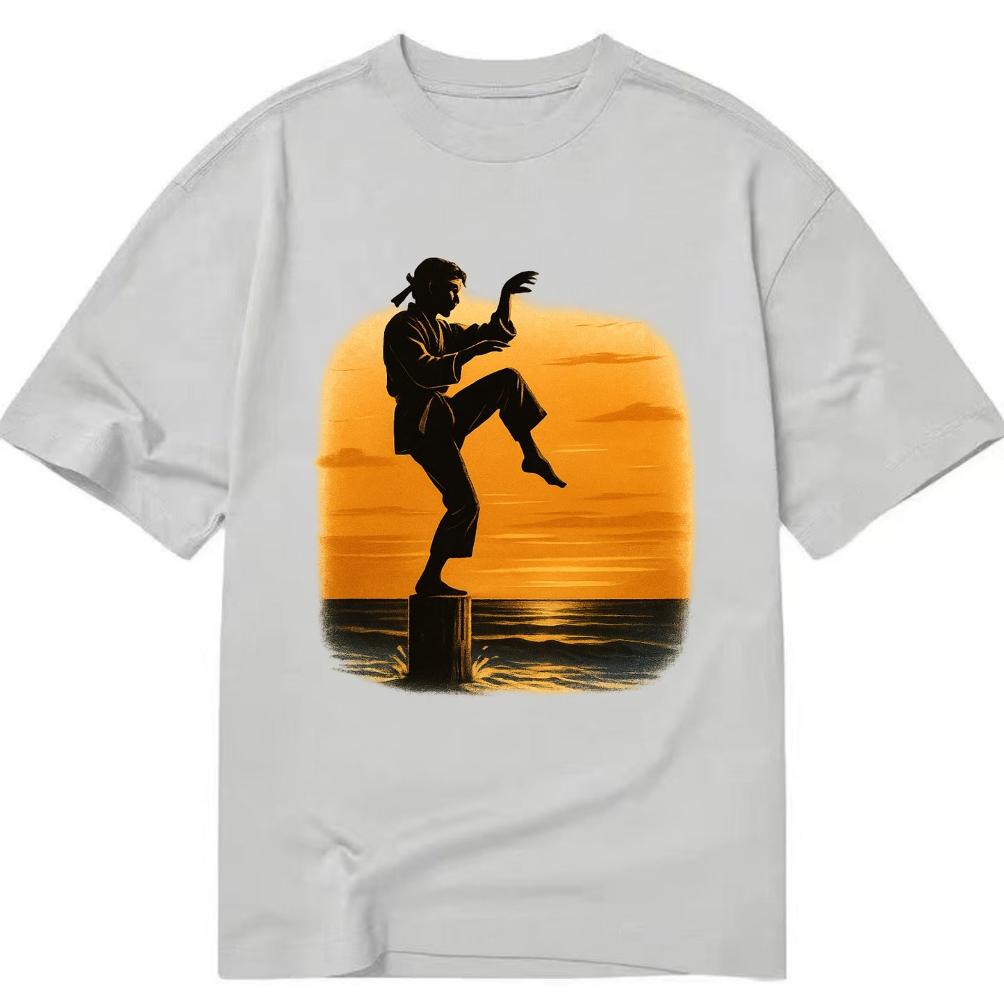 karate crane kick pose on wooden post at beach sunset - Classic T-shirt - Grey