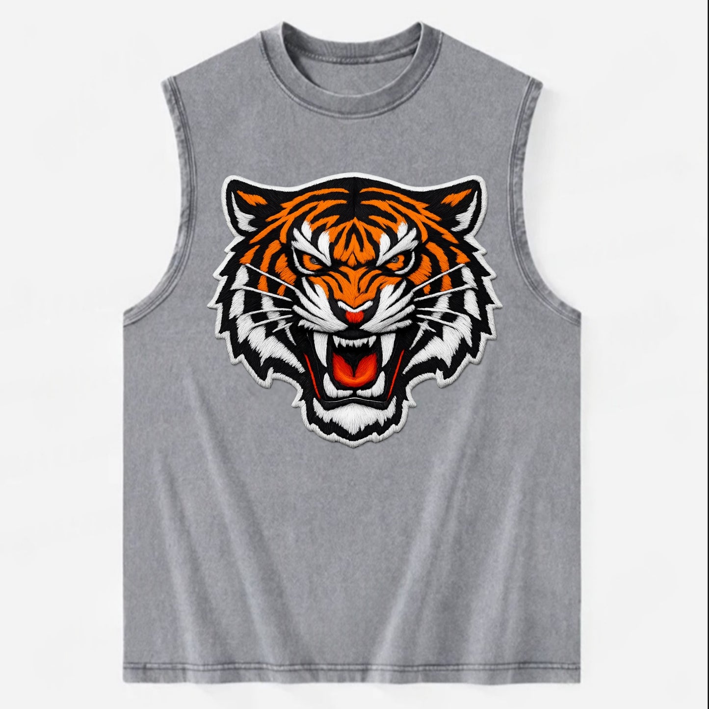 TIGER STRIPES FACE - fierce tiger face in orange, black and white , predator - Vintage Washed Tank - Grey