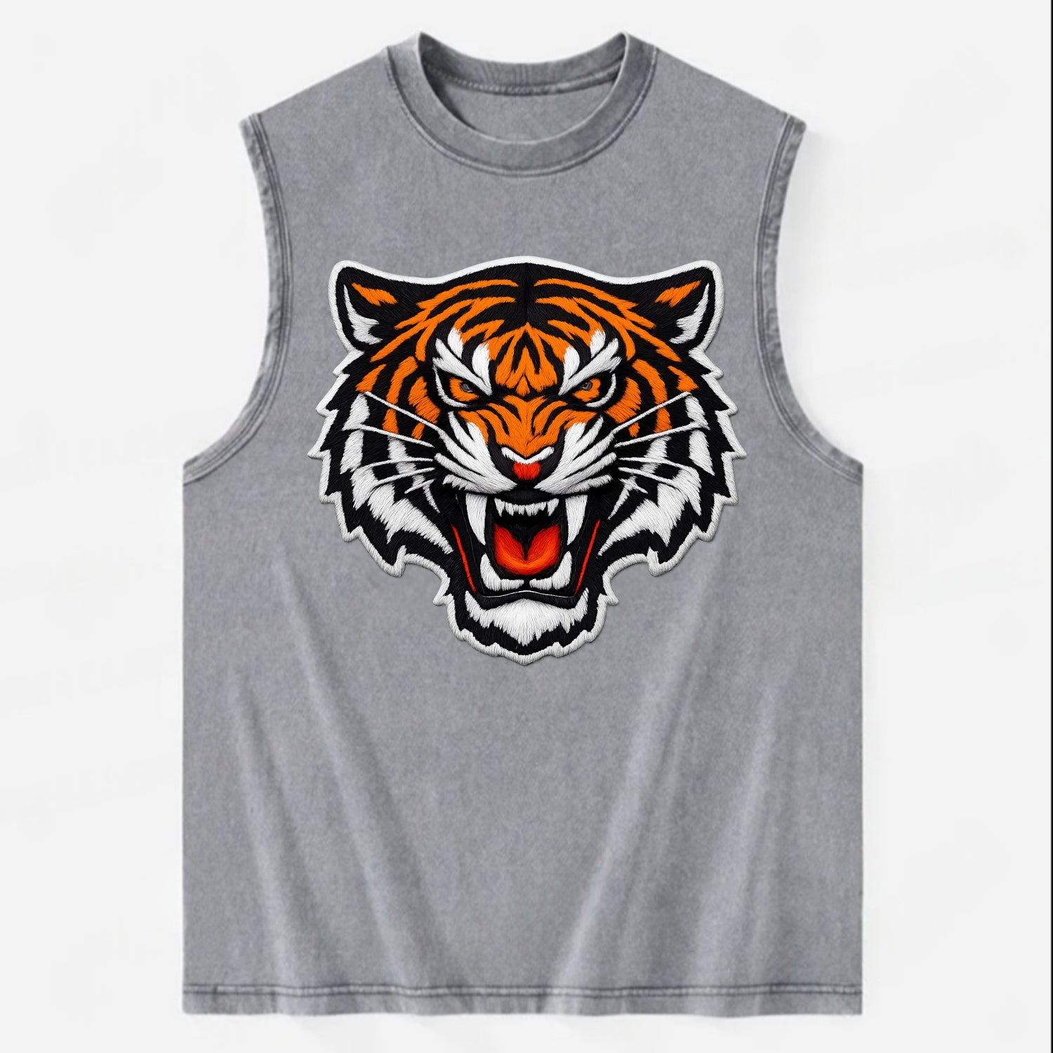 TIGER STRIPES FACE - fierce tiger face in orange, black and white , predator - Vintage Washed Tank - Grey
