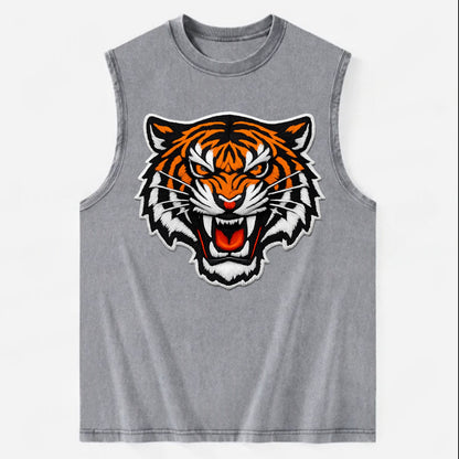 TIGER STRIPES FACE - fierce tiger face in orange, black and white , predator - Vintage Washed Tank - Grey