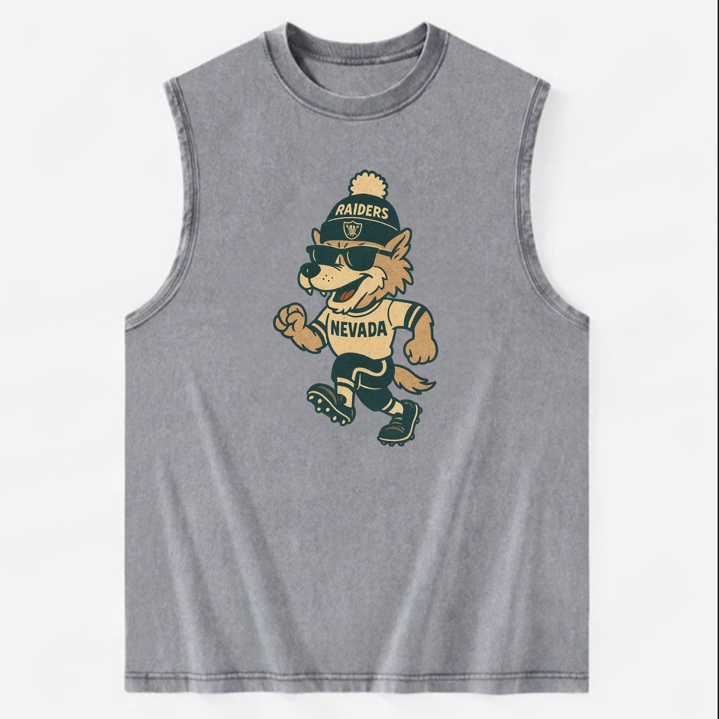 Nevada Wolf wearing Raiders beanie with outlaw patch and wayfarer sunglasses - Vintage Washed Tank - Grey