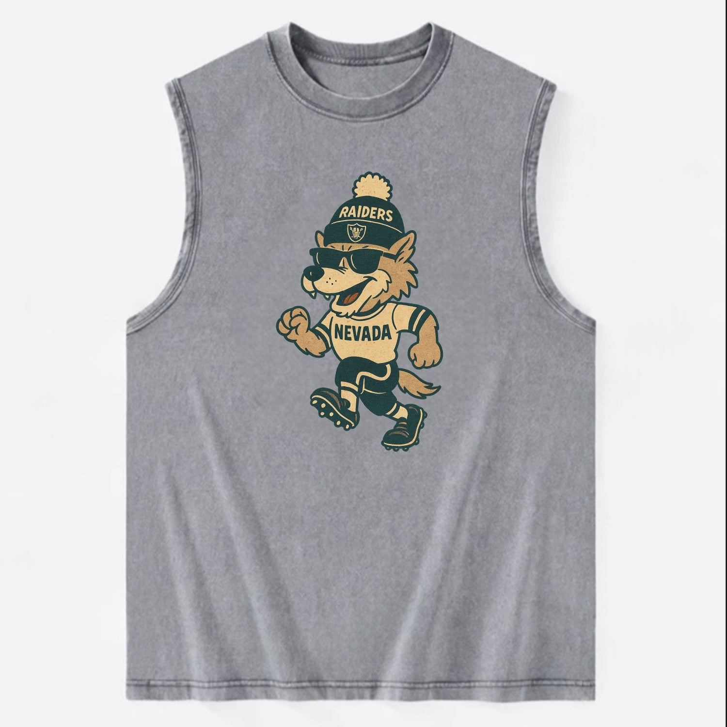 Nevada Wolf wearing Raiders beanie with outlaw patch and wayfarer sunglasses - Vintage Washed Tank - Grey