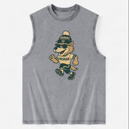Nevada Wolf wearing Raiders beanie with outlaw patch and wayfarer sunglasses - Vintage Washed Tank - Grey