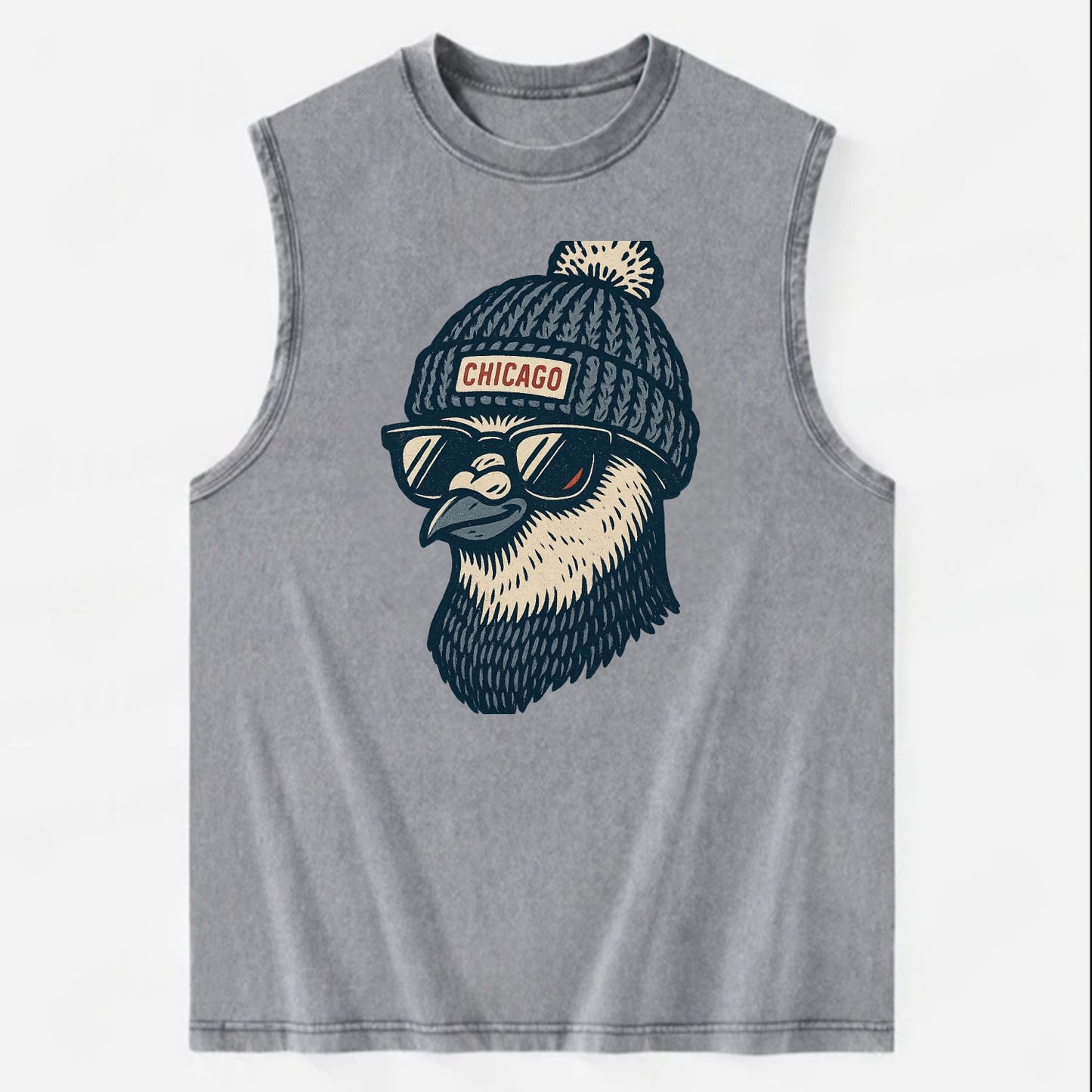 Chicago Pigeon wearing Chicago beanie with pom pom and wayfarer sunglasses - Vintage Washed Tank - Grey
