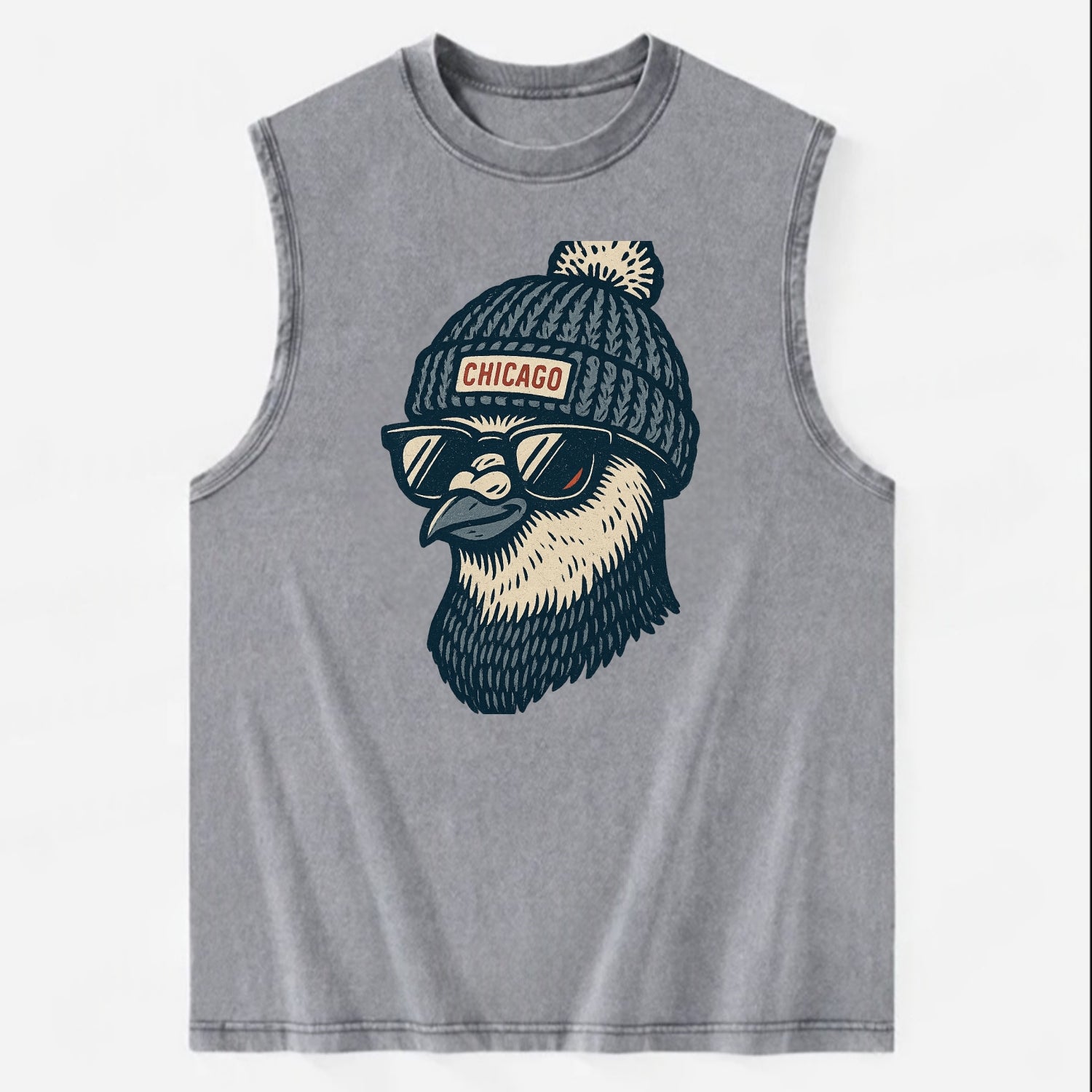 Chicago Pigeon wearing Chicago beanie with pom pom and wayfarer sunglasses - Vintage Washed Tank - Grey