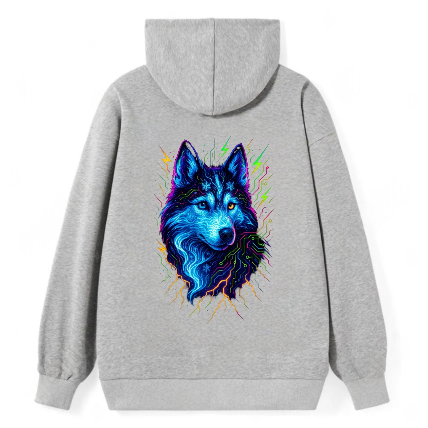 Siberian husky with ice-crystal flowing patterns, electric blue and white - Classic Pullover Hoodie - Grey