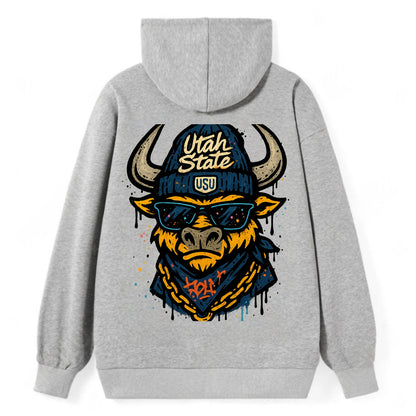 Logan Aggie wearing Utah State beanie with USU patch - Classic Pullover Hoodie - Grey