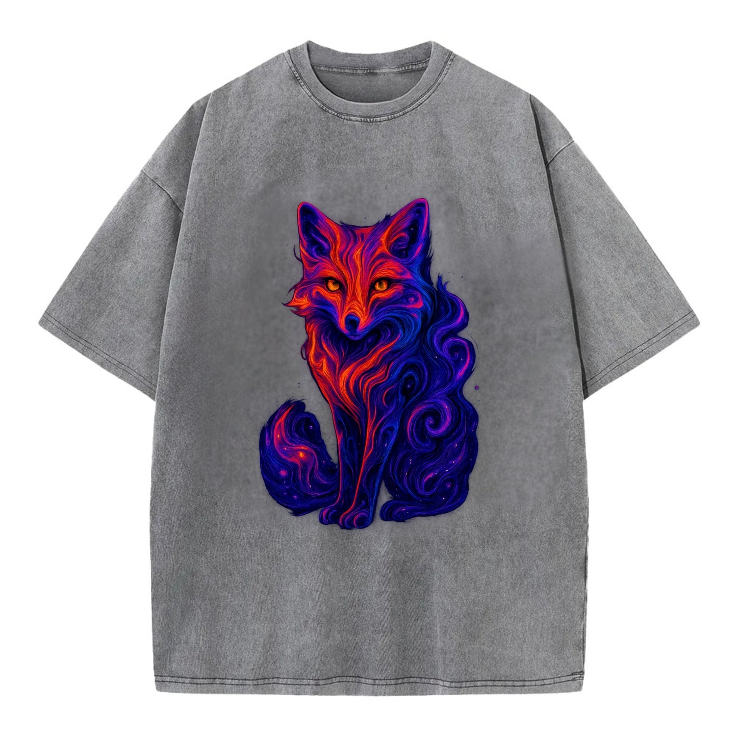Clever fox with tail dissolving into cosmic nebula swirls, orange to purple - Vintage T-shirt - Grey
