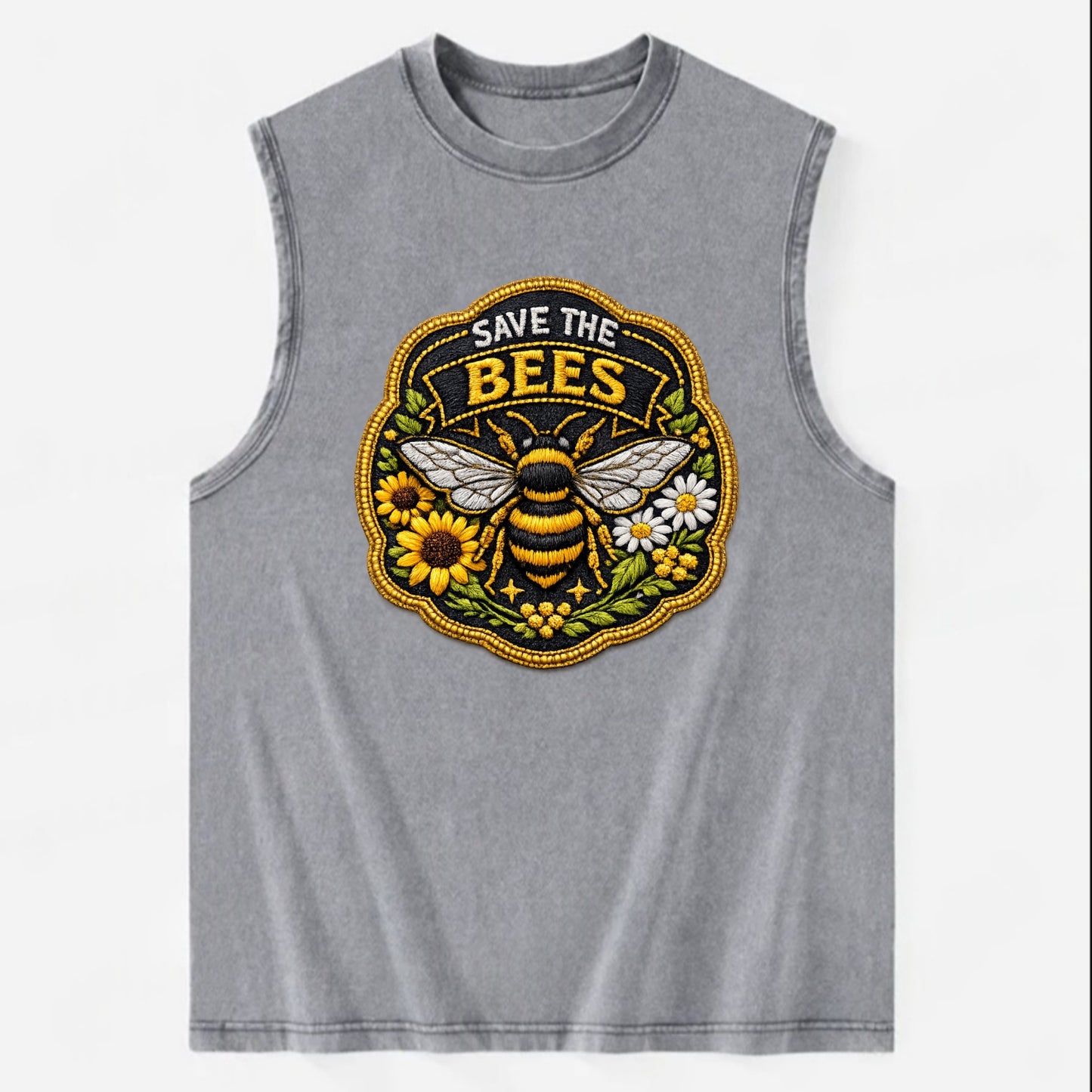 SAVE THE BEES - bee with flowers in yellow , pollinator protection - Vintage Washed Tank - Grey