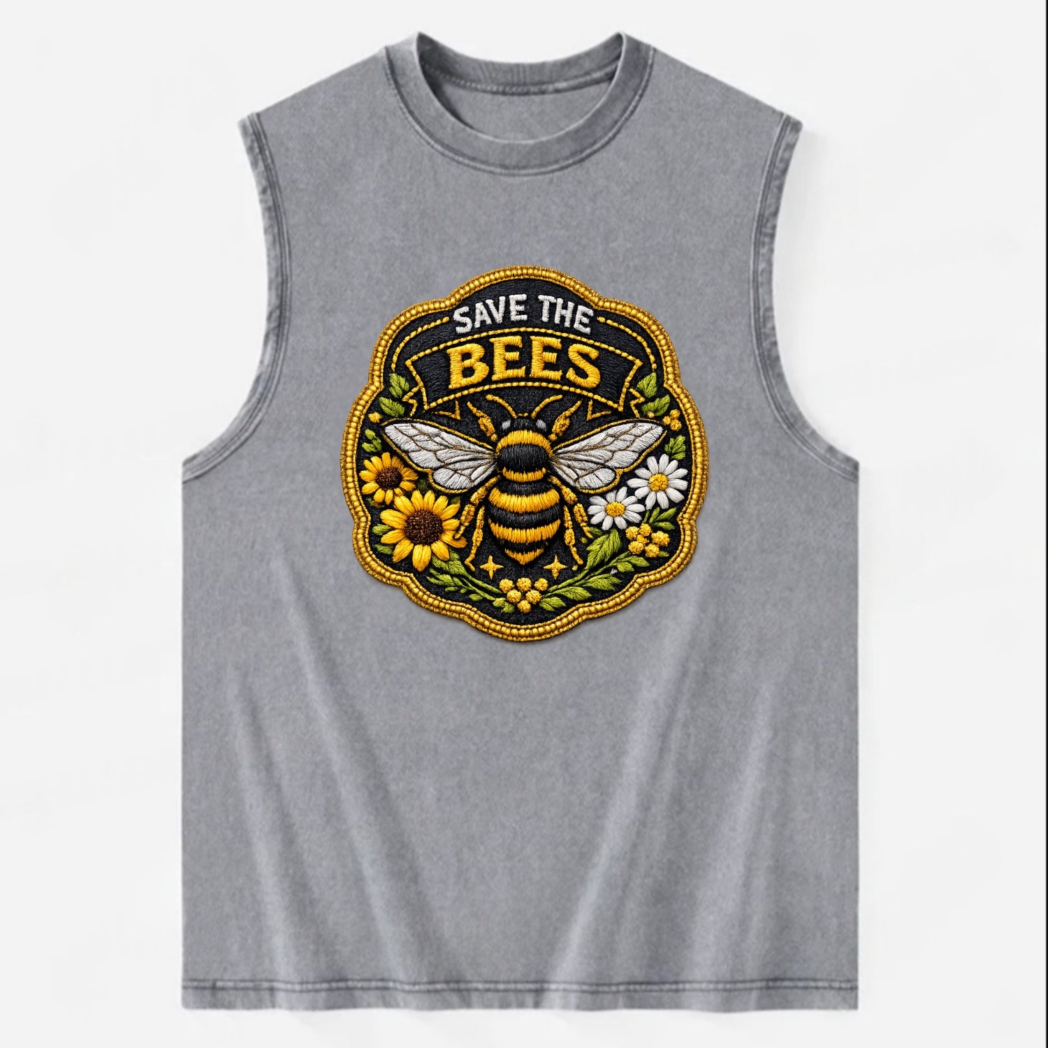 SAVE THE BEES - bee with flowers in yellow , pollinator protection - Vintage Washed Tank - Grey