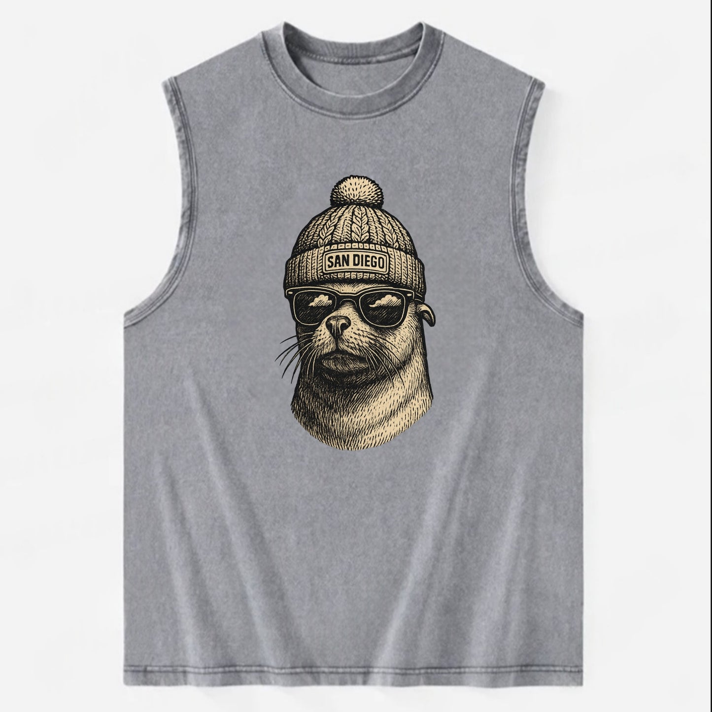 San Diego Sea Lion wearing San Diego beanie with pom pom and wayfarer - Vintage Washed Tank - Grey