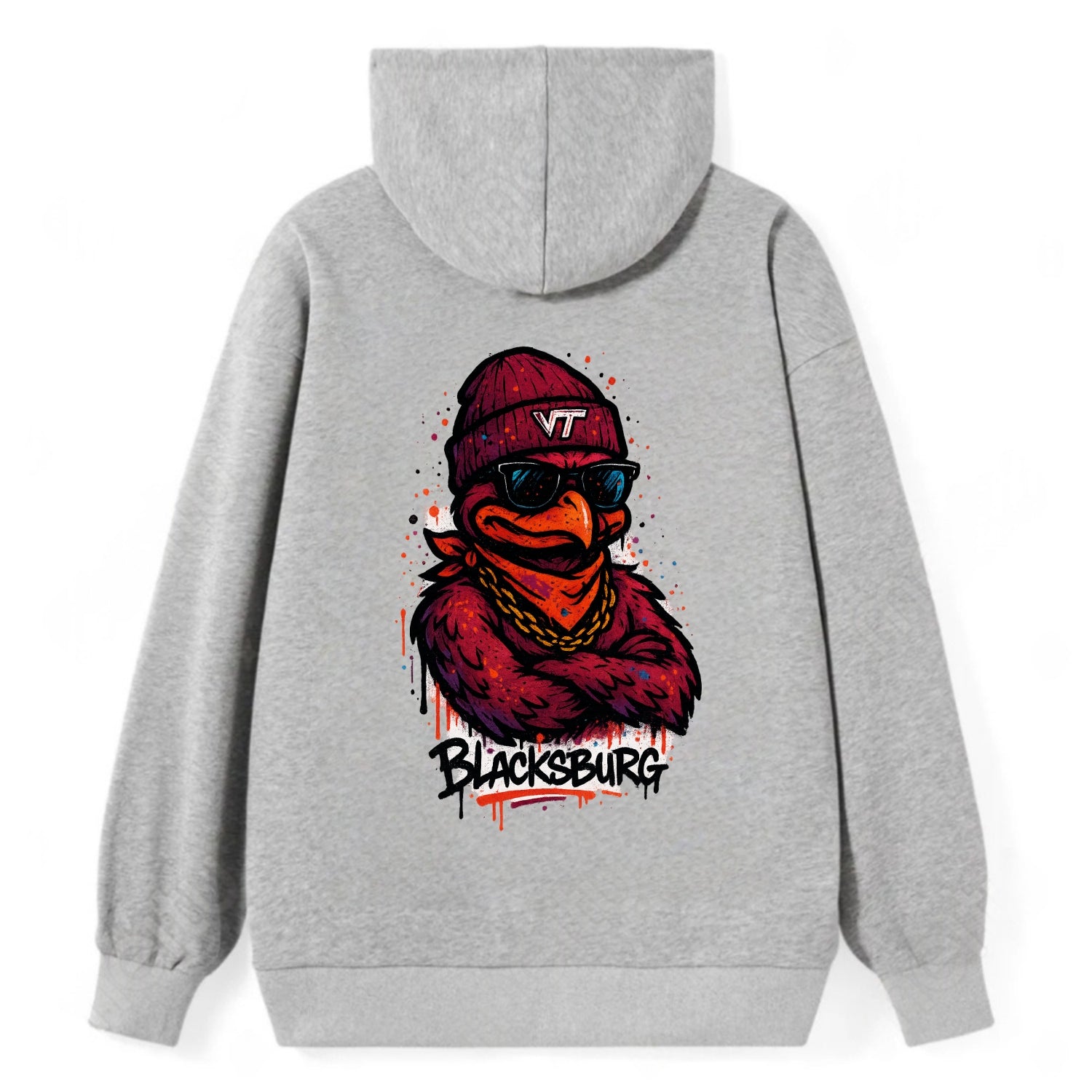 Blacksburg HokieBird wearing Virginia Tech beanie with VT patch - Classic Pullover Hoodie - Grey