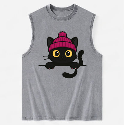 Midnight the black cat holding a tiny book labeled secrets against the ledge. - Vintage Washed Tank - Grey