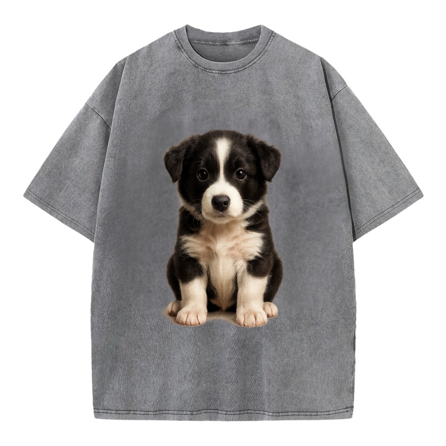 Baby Border Collie Puppy - black and white, intense smart eyes, athletic build, - Vintage T-shirt - Grey
